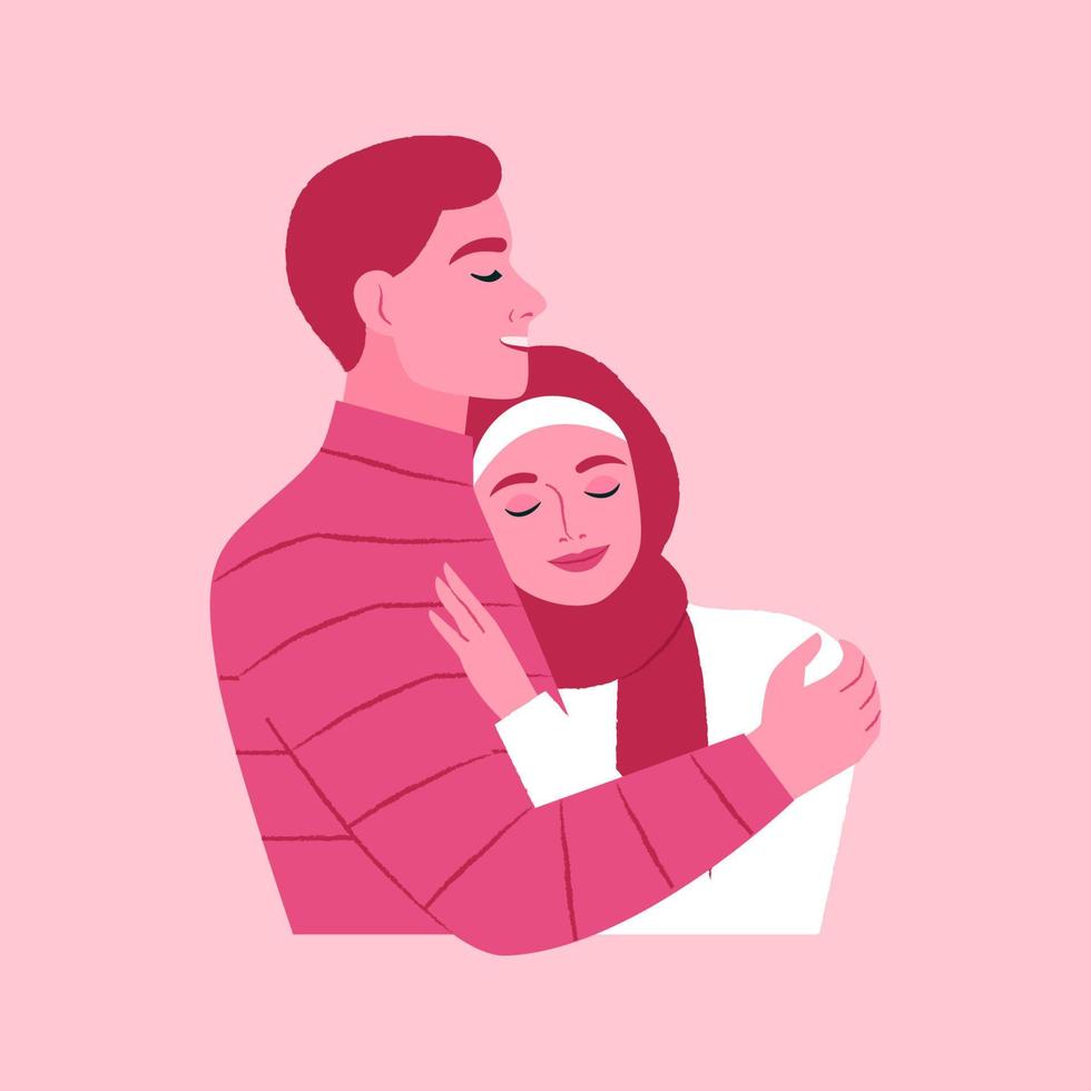 feliz pareja musulmana abrazándose. concepto de amor, apoyo y confianza. ilustración vectorial plana. vector