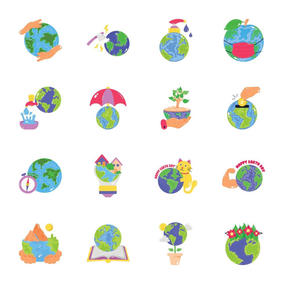 conjunto de iconos de etiqueta plana de cuidado del medio ambiente vector