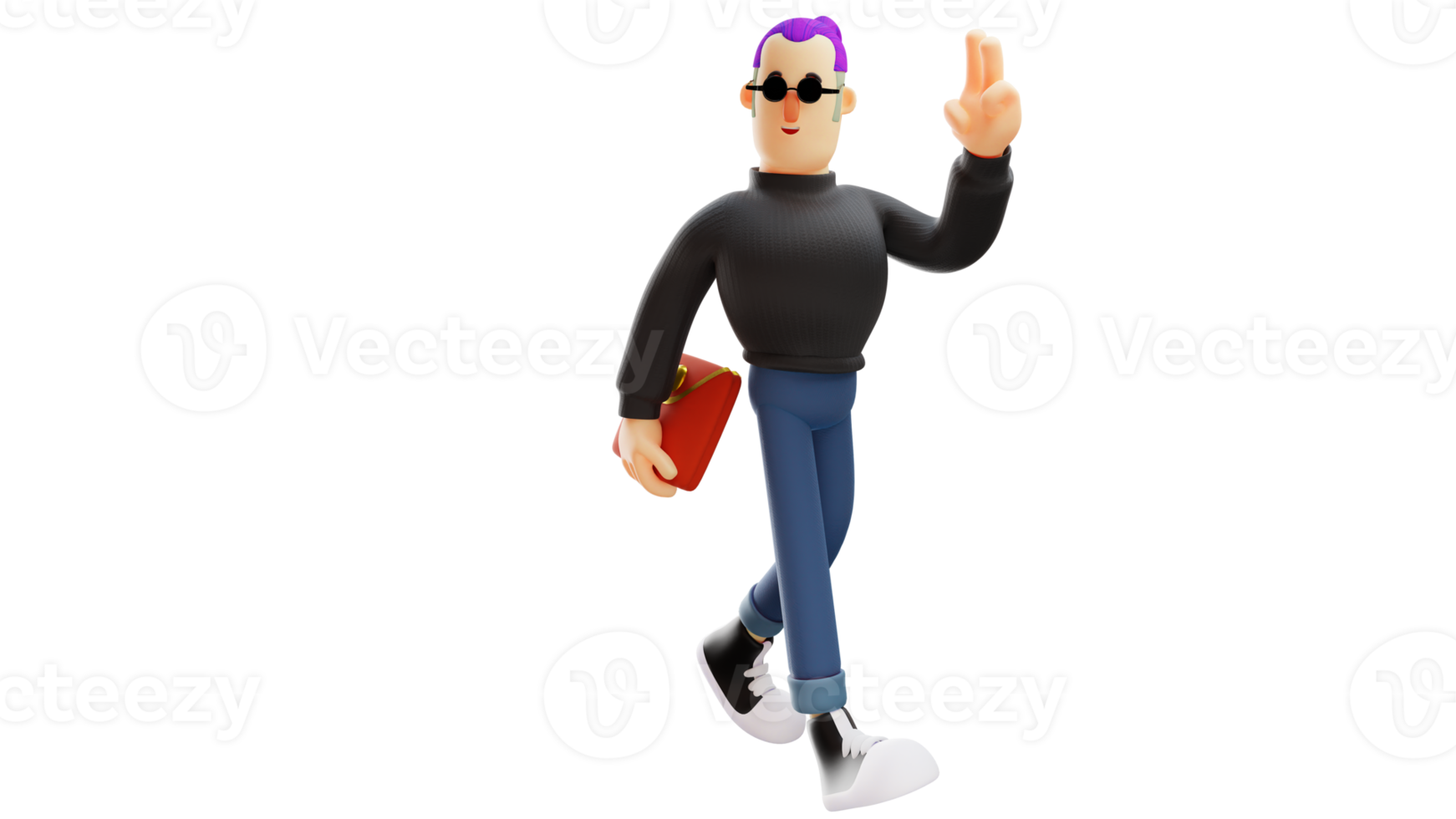 3D illustration. Handsome Man 3D cartoon character. Stylish man with purple hair. Cool man wearing glasses and carrying wallet. Rich man greets with a smile. 3d cartoon character png