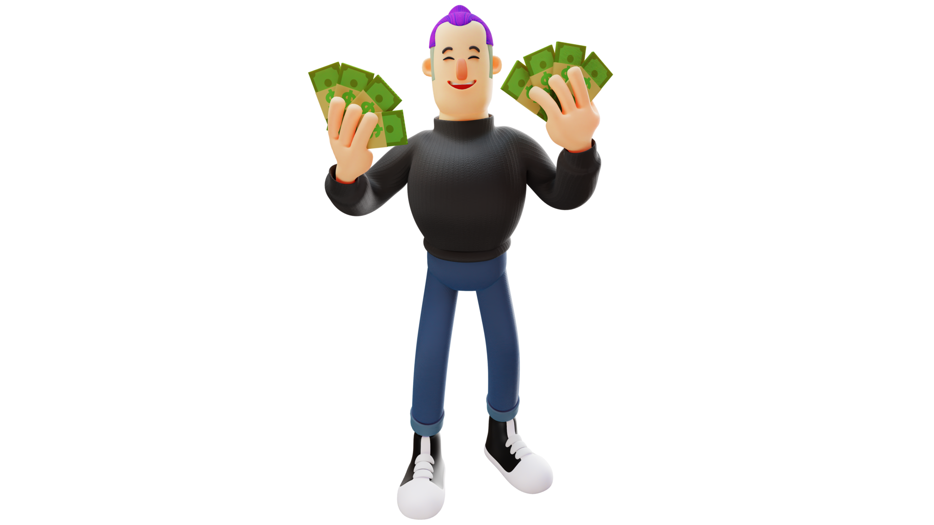 Free 3D illustration. Rich Man 3D cartoon character. Cool guy has purple hair. Handsome man smiling sweetly. Rich man holding a lot of money using both hands. 3d cartoon character 19547342 PNG with Transparent Background Free 3D illustration. Rich Man 3D cartoon character. Cool guy has purple hair. Handsome man smiling sweetly. Rich man holding a lot of money using both hands. 3d cartoon character 19547342 PNG with Transparent Background