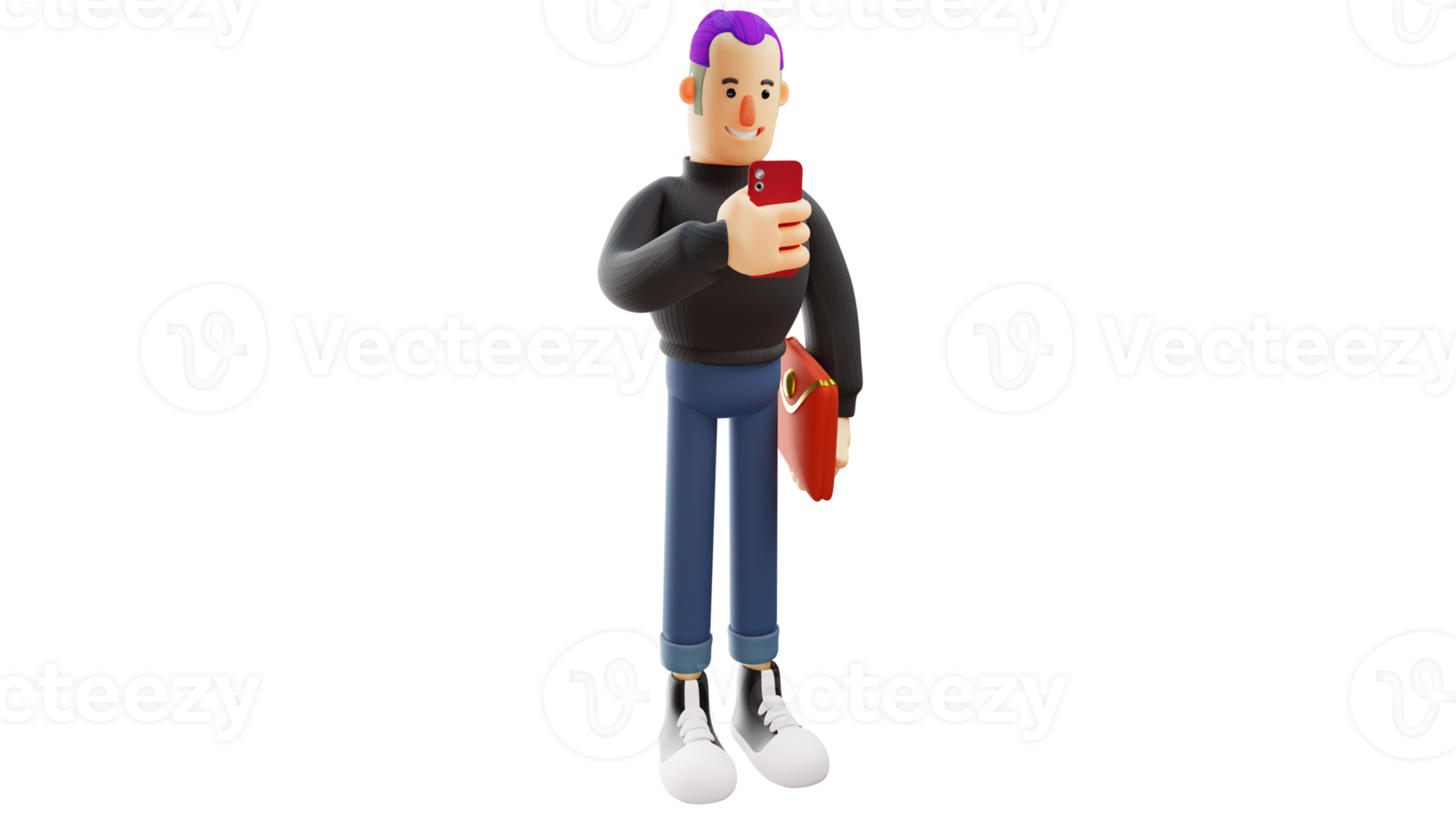 3D illustration. Rich Man 3D cartoon character. Cool guy wearing a black sweater with purple hair. Rich guy is checking his handphone. Rich young man carrying red wallet. 3d cartoon character png