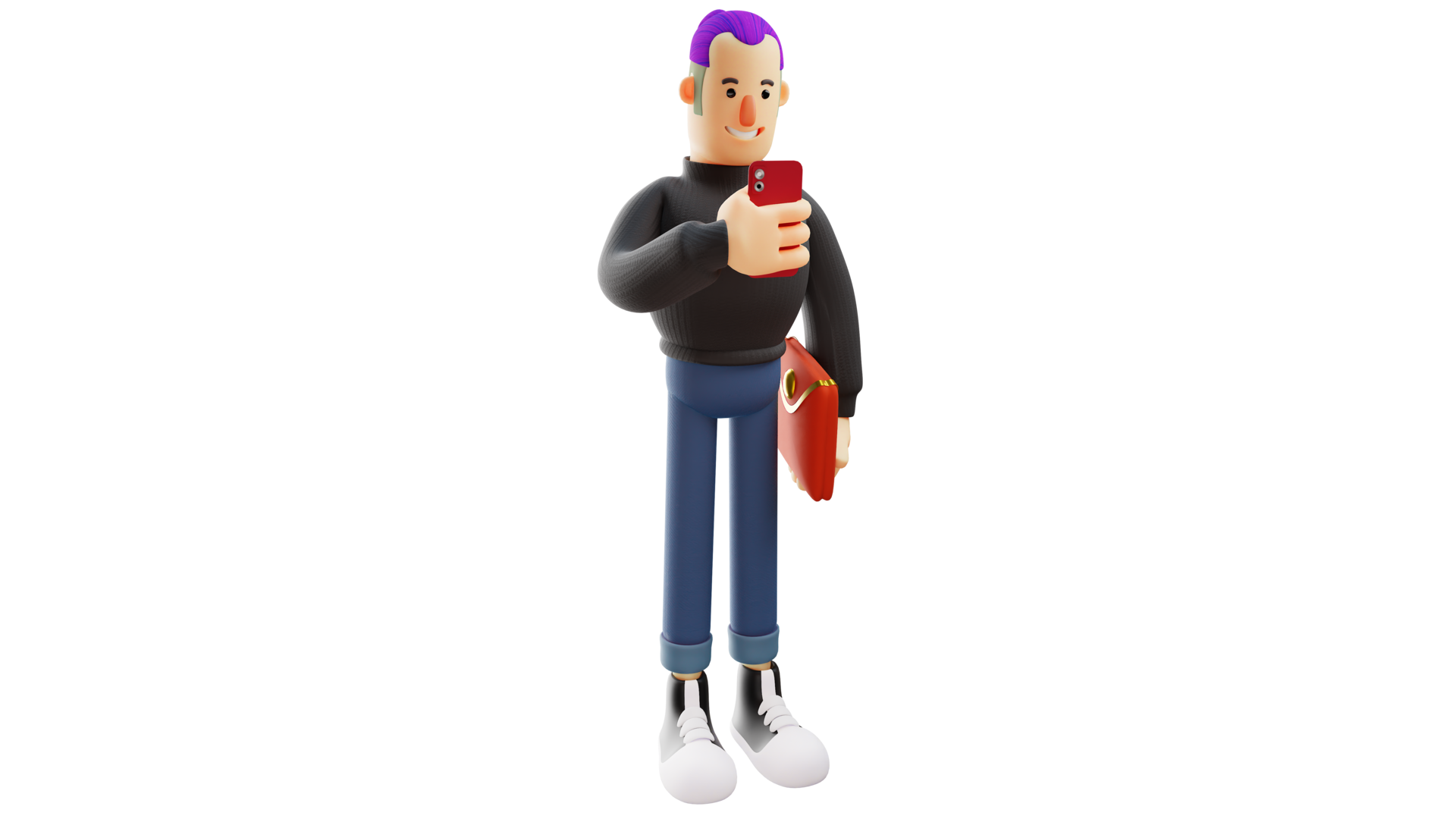 Free 3D illustration. Rich Man 3D cartoon character. Cool guy wearing a black sweater with purple hair. Rich guy is checking his handphone. Rich young man carrying red wallet. 3d cartoon character Free 3D illustration. Rich Man 3D cartoon character. Cool guy wearing a black sweater with purple hair. Rich guy is checking his handphone. Rich young man carrying red wallet. 3d cartoon character