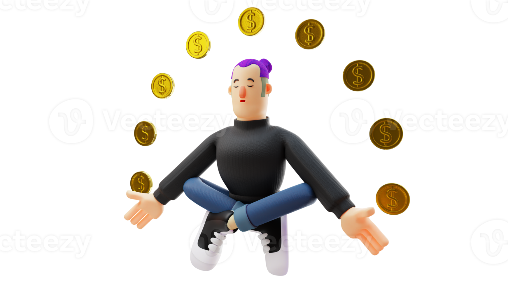 3D illustration. Cool Guy 3D cartoon character. Stylish man is sitting cross legged. Cool man closing eyes doing meditation. Young man surrounded by gold coins. 3d cartoon character png