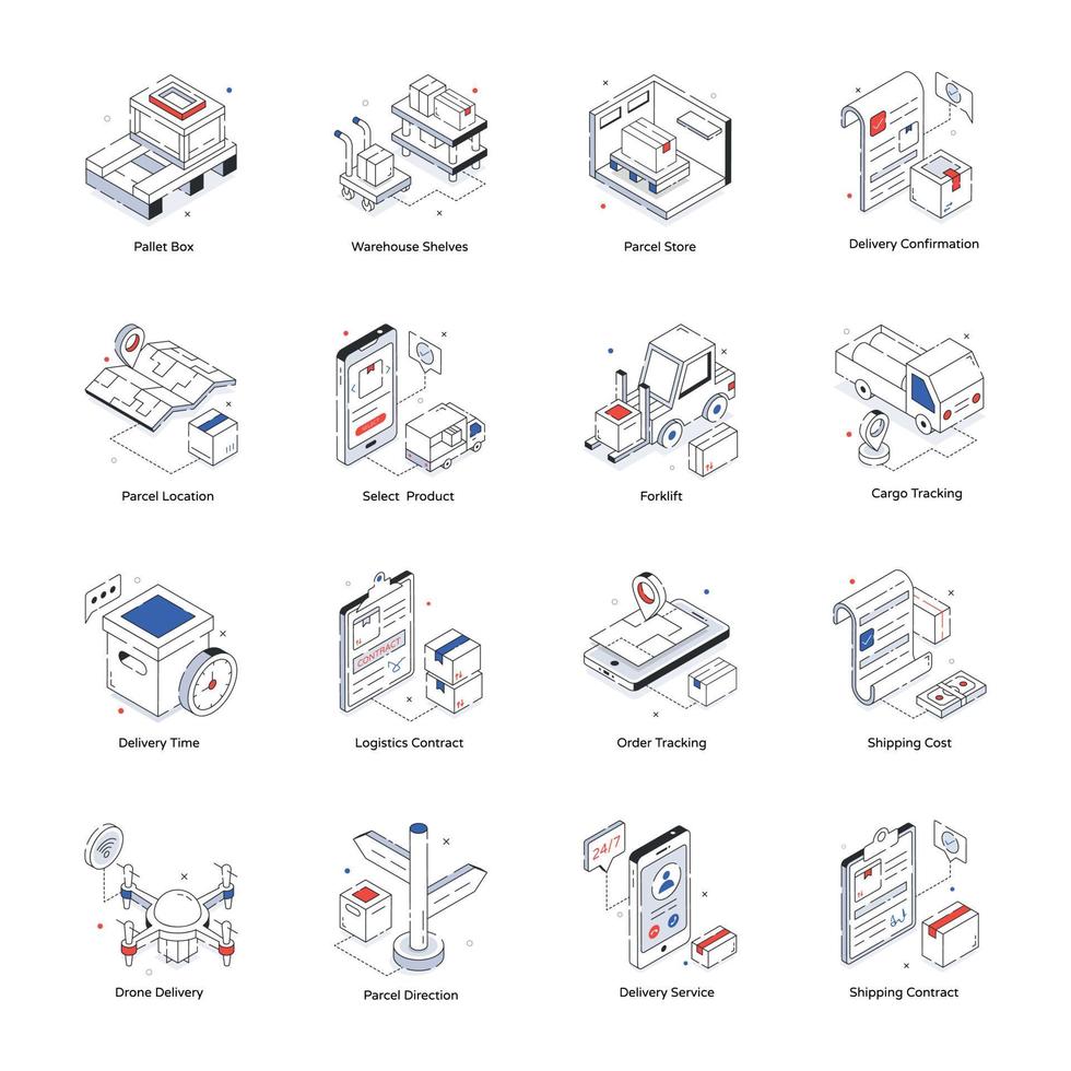 paquete de iconos isométricos de stock de almacén vector