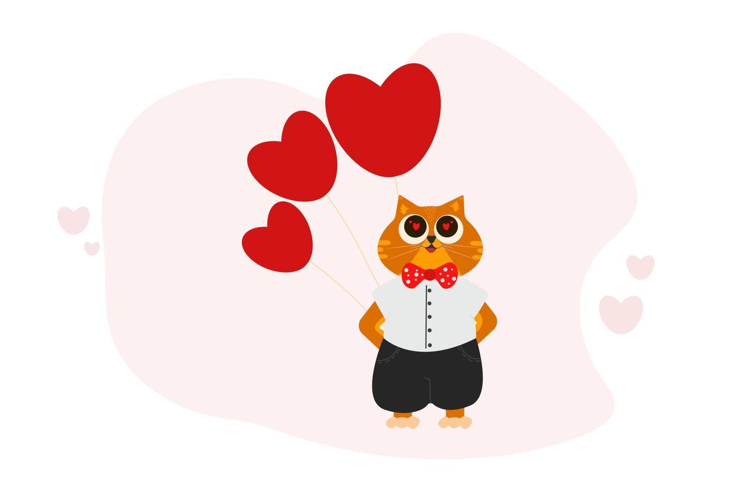 Red-haired cute cat in love. Kitten with a gift. Cat and balloons. Cat on holiday. vector