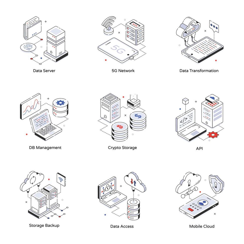 Collection of Server Isometric Icons vector