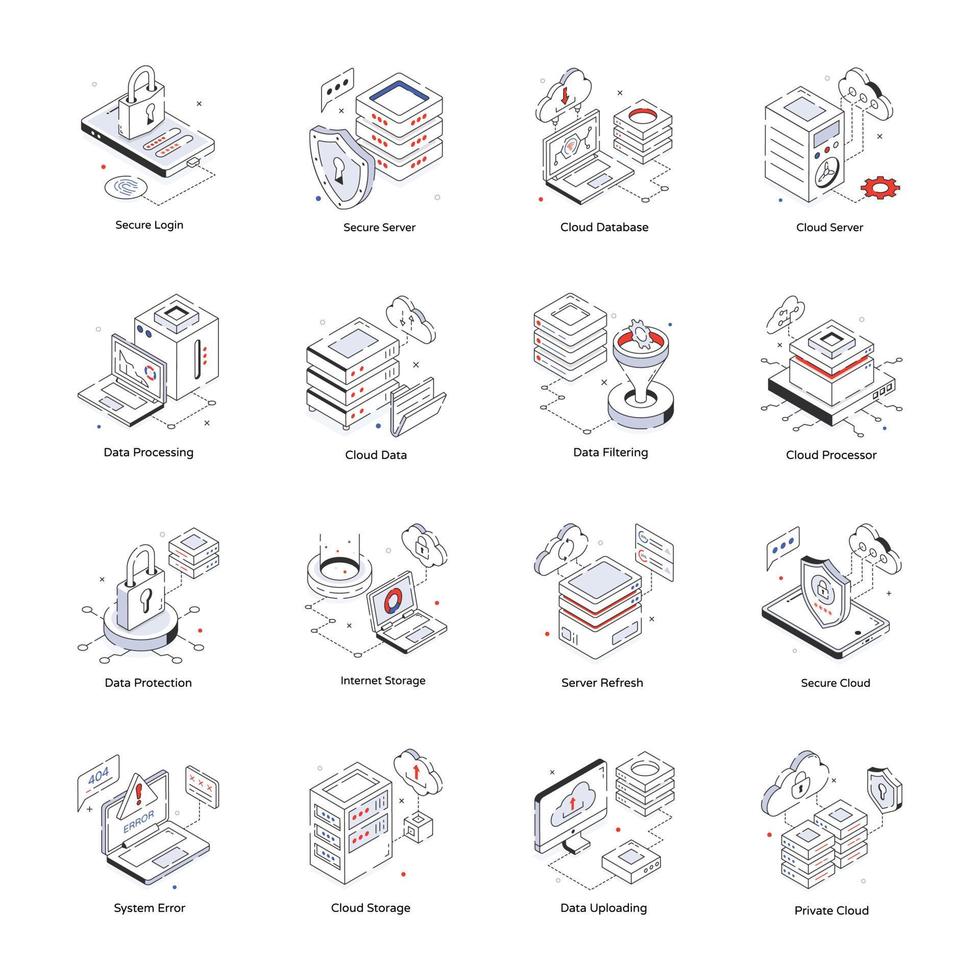 Pack of Database Isometric Icons vector
