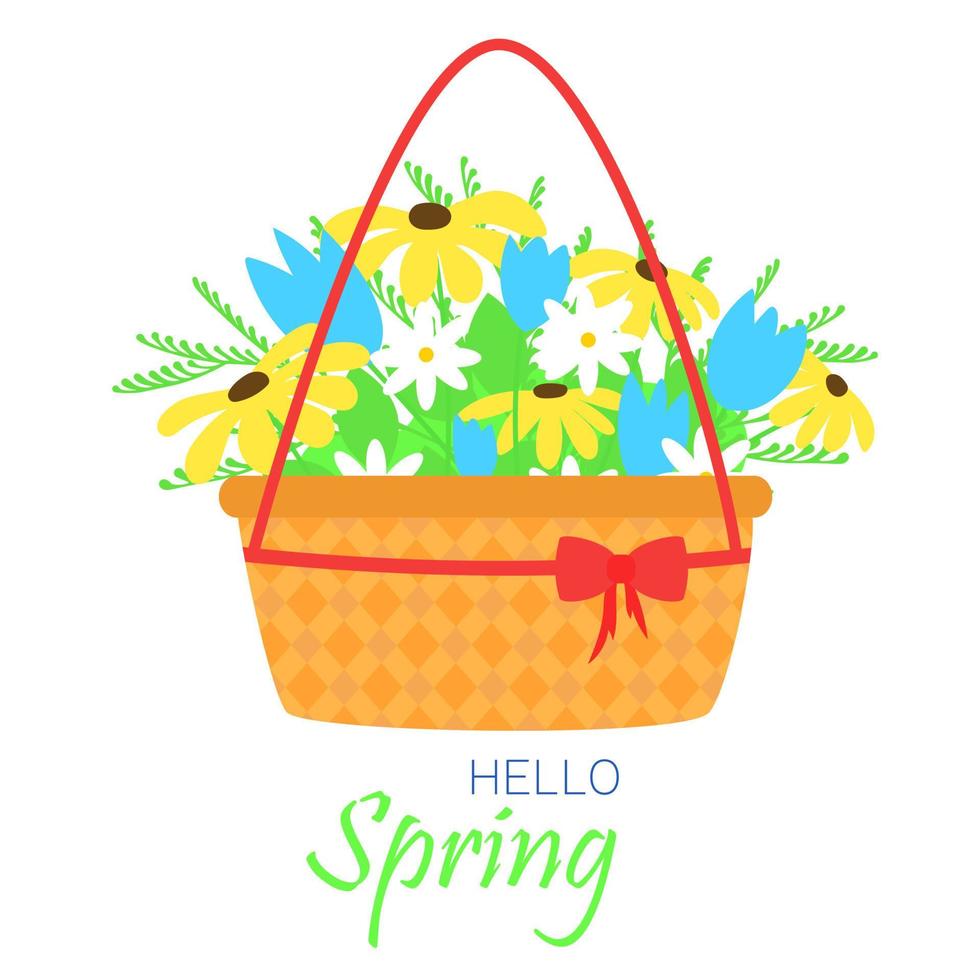 Hello spring card. Flowers in baskets. Square banner. Vector illustration.