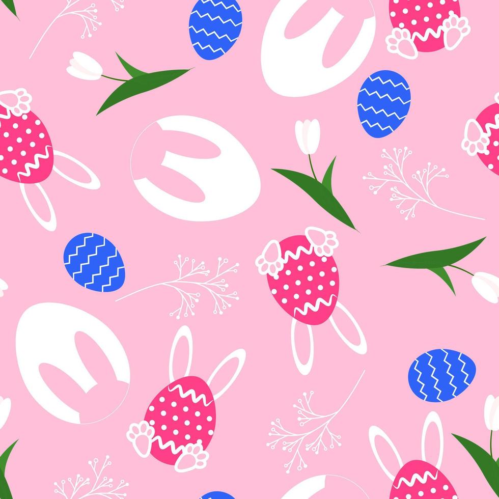Seamless patter for Easter holiday.  Pattern with symbol Easter as bunny, egg, spring flowers. Vector illustration.