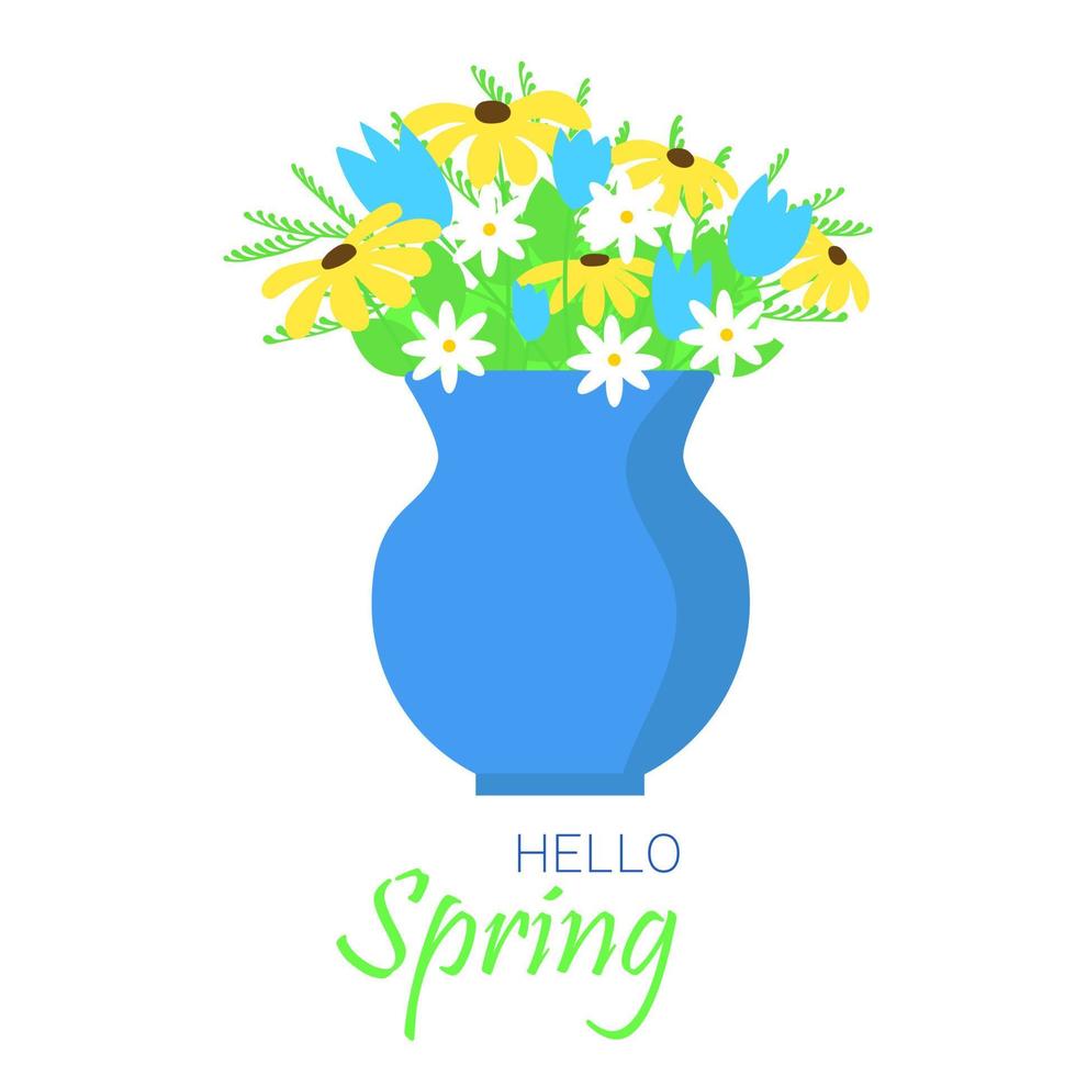 Bouquet of flowers in vase. Square card or banner with text Hello spring. Isolated vase with flowers on white background. Vector illustration.