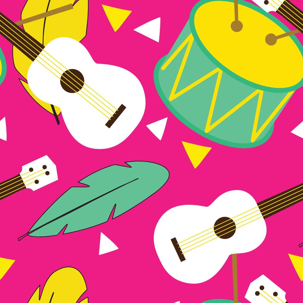 patrón sin fisuras para el carnaval. patrón brillante con elementos de carnaval como tambor, ukelele, plumas y confeti. ilustración vectorial vector