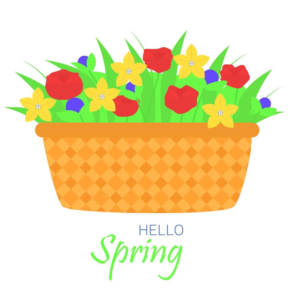Square spring banner. Flowers in baskets. Hello spring card. Vector illustration.
