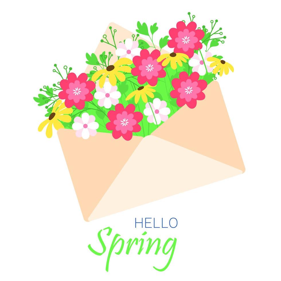 Spring card with flowers. Hello spring square banner with flowers in envelope. Vector illustration.