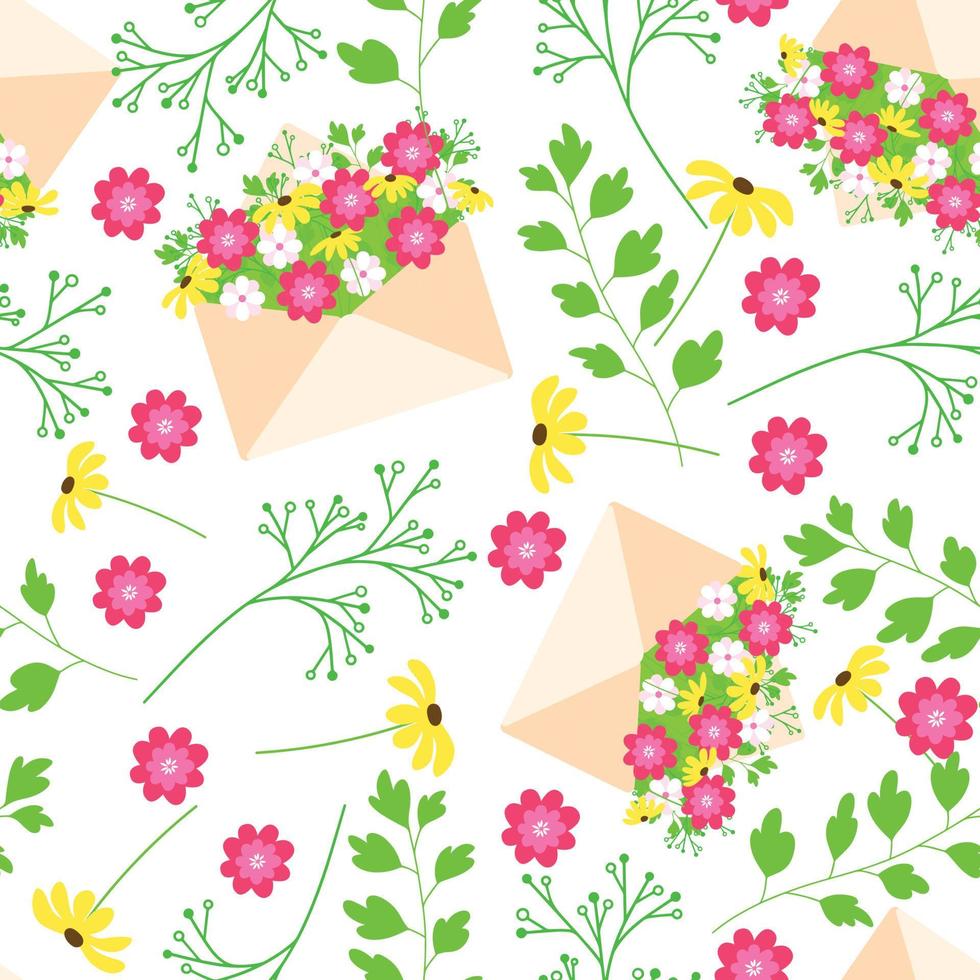 Spring pattern. Flowers in envelope and any flowers seamless pattern. Vector illustration.