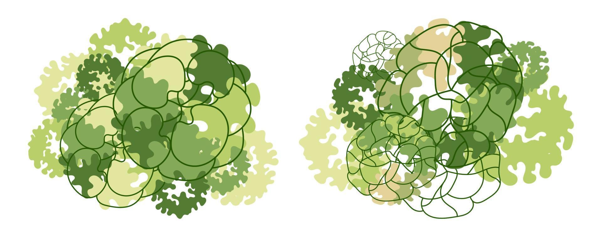 Tree for architectural floor plans. Entourage design. Various trees, bushes, and shrubs, top view for the landscape design plan. Vector illustration.