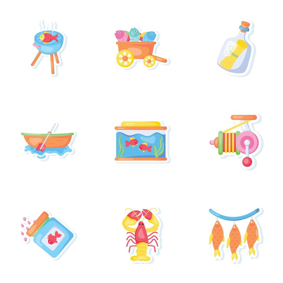 Collection of Colourful Flat Style Fishing Stickers vector