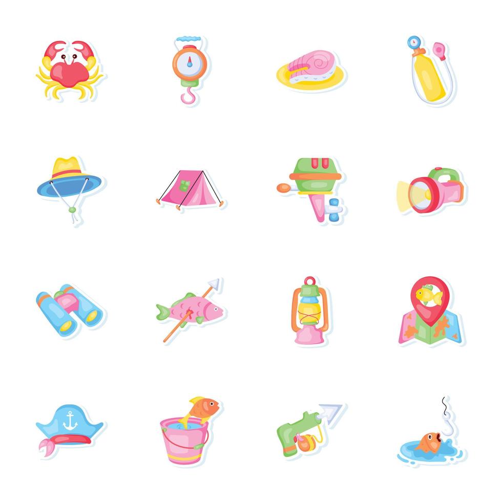 Outdoor Fishing Stickers Set in Flat Style vector