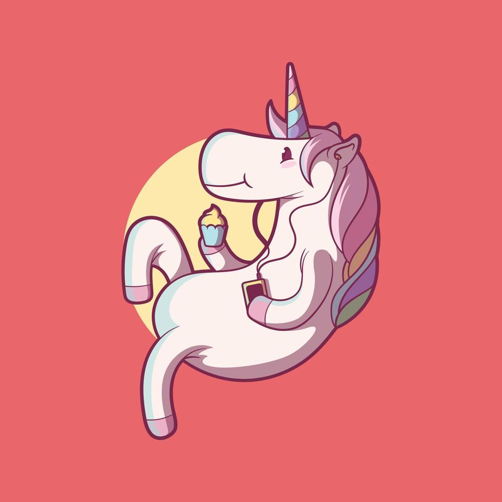 Unicorn character chilling eating a cupcake vector illustration. Animal, mythology, funny design concept.