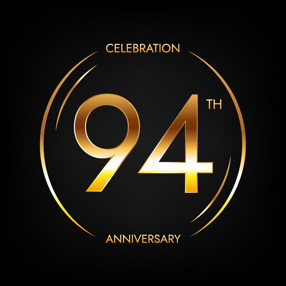 94th anniversary. Ninety-four years birthday celebration banner in bright golden color. Circular logo with elegant number design. vector