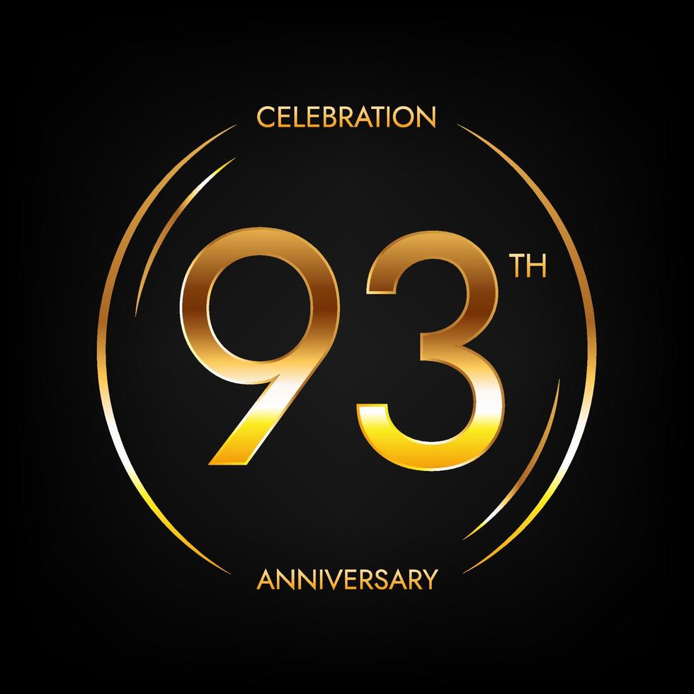 93th anniversary. Ninety-three years birthday celebration banner in bright golden color. Circular logo with elegant number design. vector