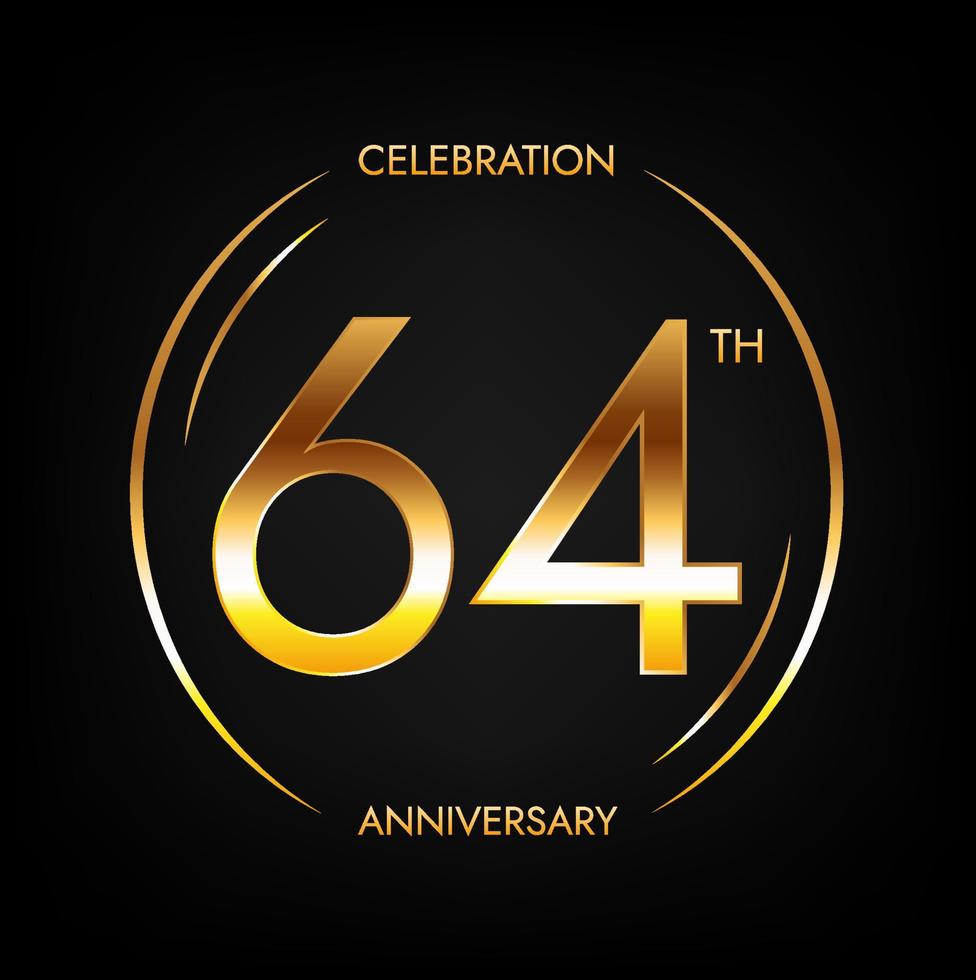 64 aniversario. banner de celebración de cumpleaños de sesenta y cuatro años en color dorado brillante. logo circular con elegante diseño de números. vector