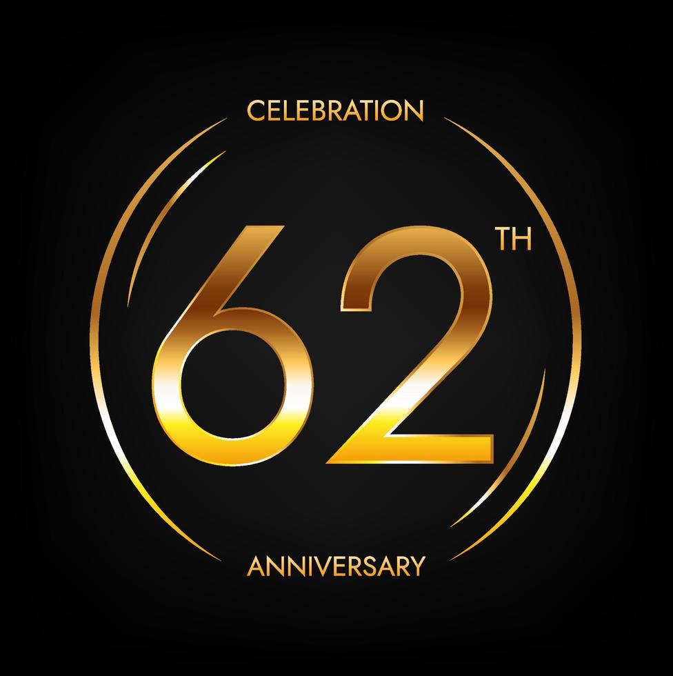 62th anniversary. Sixty-two years birthday celebration banner in bright golden color. Circular logo with elegant number design. vector