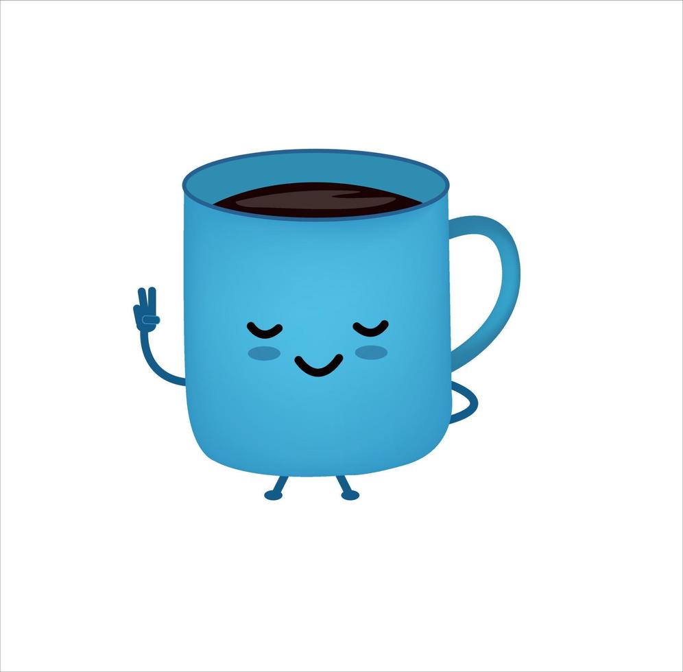 Blue coffee cup character. Hands up with number two. vector
