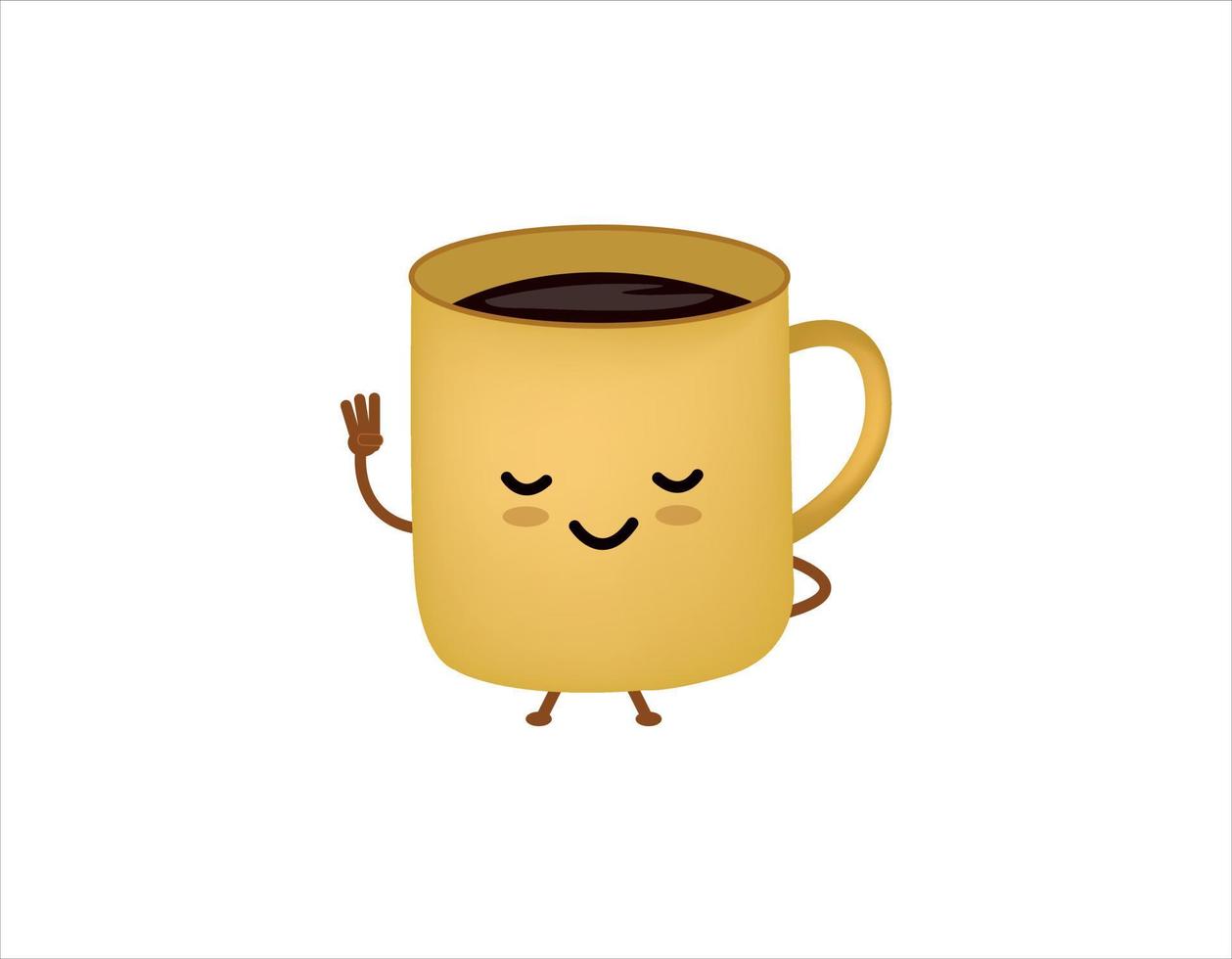 personaje de taza de café amarillo. manos arriba con el vector número tres