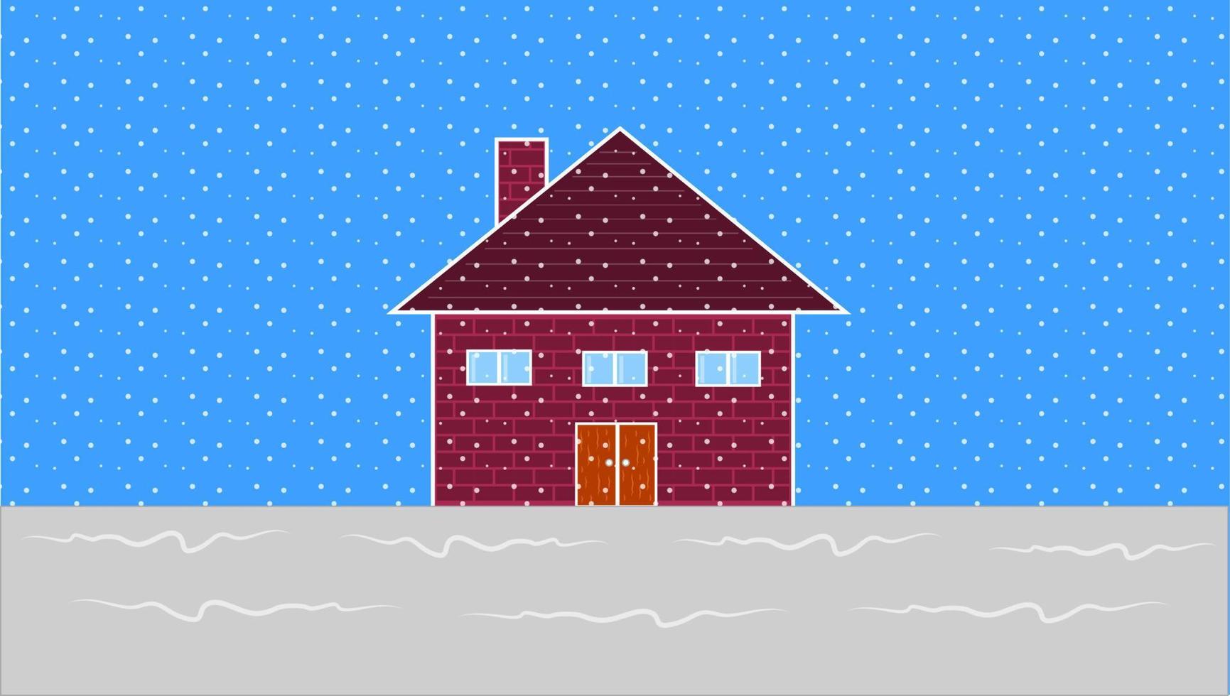 Brick house with chimney in the snow in winter day. Vector illustration.