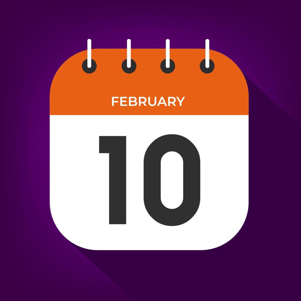 día 10 de febrero. número diez en un papel blanco con borde de color naranja en el vector de fondo púrpura.