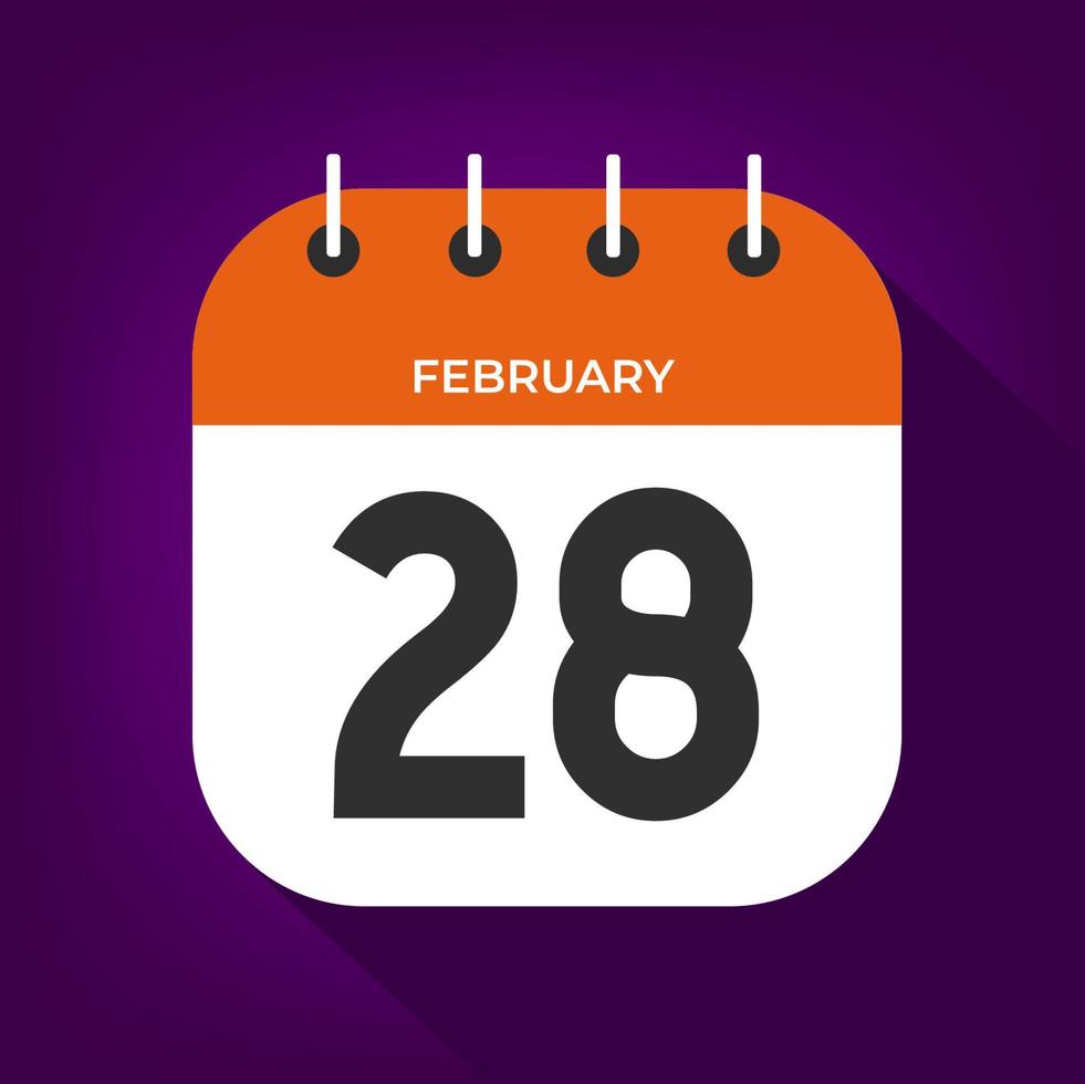 February day 28. Number twenty-eight on a white paper with orange color border on purple background vector. vector