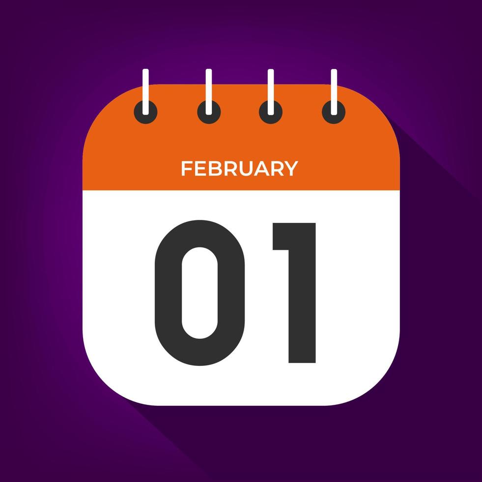 día 1 de febrero. número uno en un papel blanco con borde de color naranja en el vector de fondo púrpura.