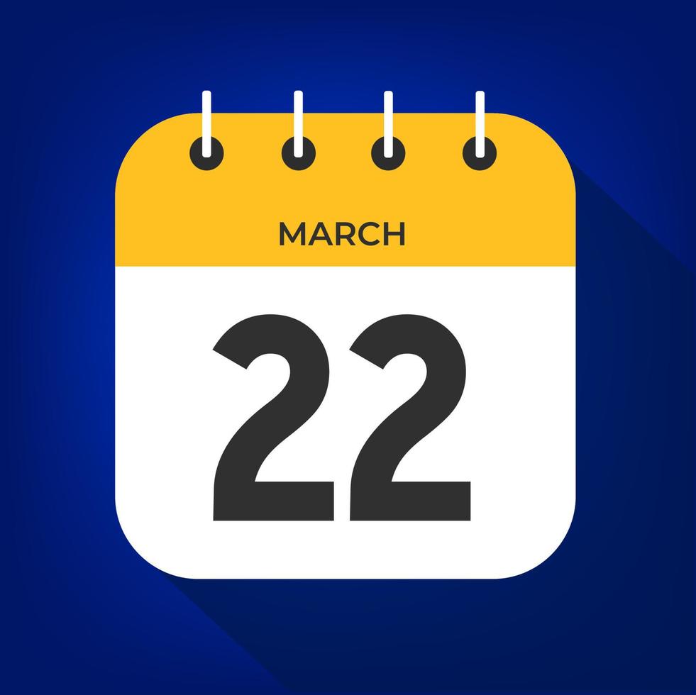 March day 22. Number twenty-two on a white paper with yellow color border on a blue background vector. vector