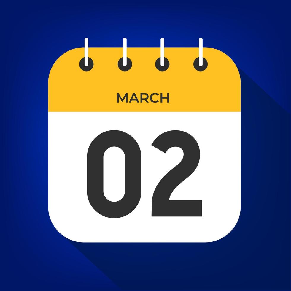 March day 2. Number two on a white paper with yellow color border on a blue background vector. vector