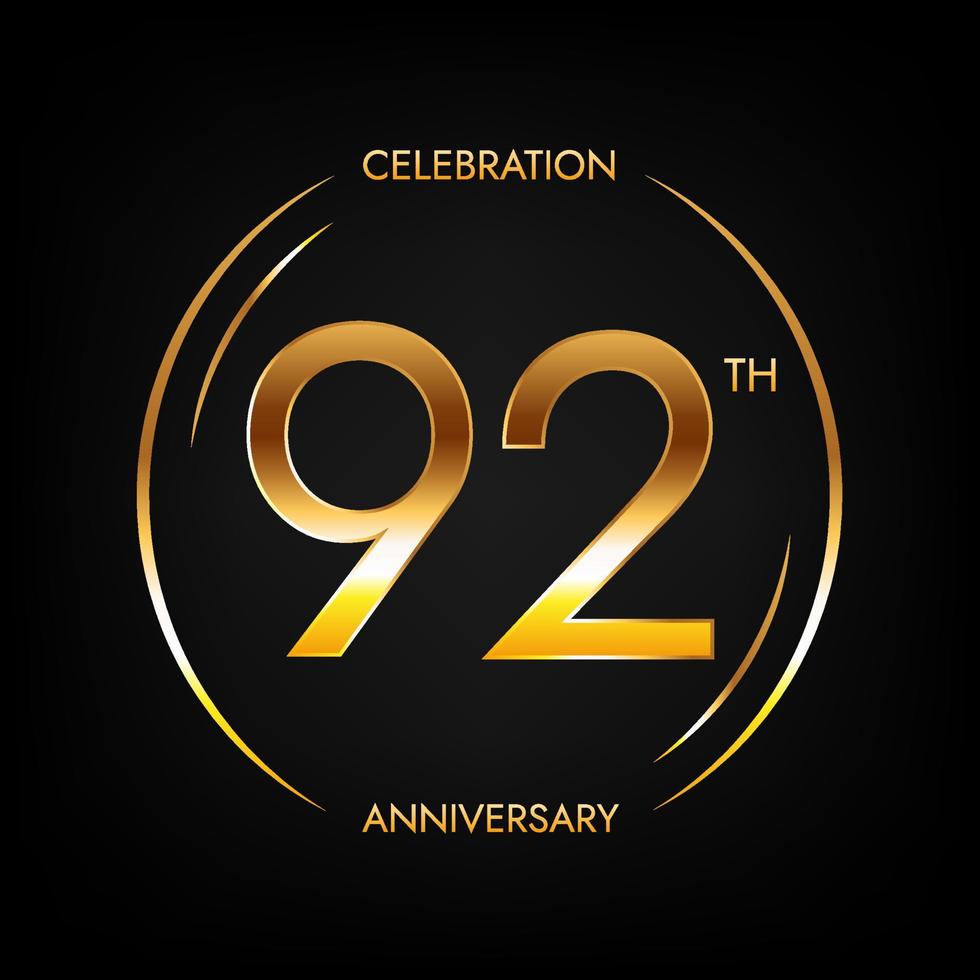 92th anniversary. Ninety-two years birthday celebration banner in bright golden color. Circular logo with elegant number design. vector