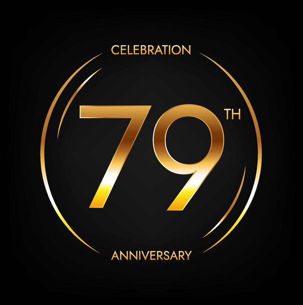 79 aniversario. Banner de celebración de cumpleaños de setenta y nueve años en color dorado brillante. logo circular con elegante diseño de números. vector
