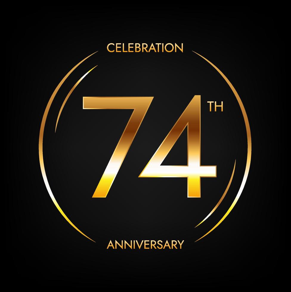 74 aniversario. Banner de celebración de cumpleaños de setenta y cuatro años en color dorado brillante. logo circular con elegante diseño de números. vector