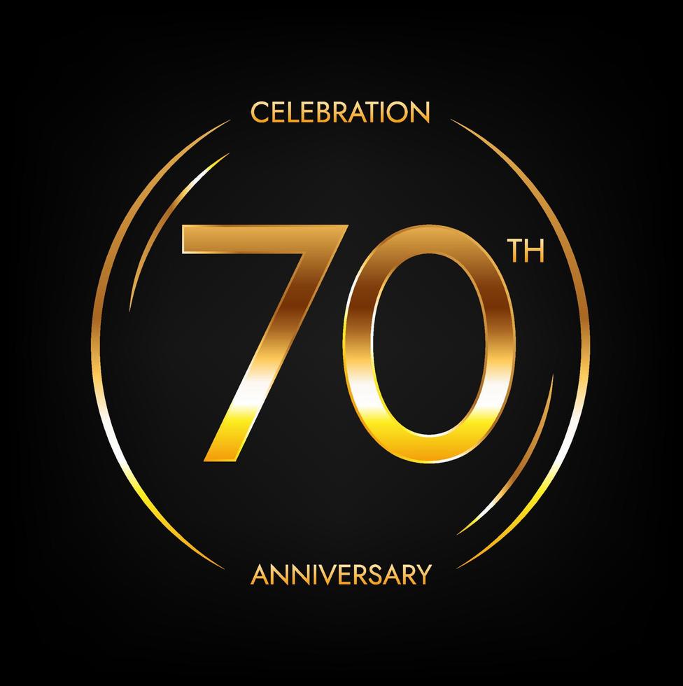 70th anniversary. Seventy years birthday celebration banner in bright golden color. Circular logo with elegant number design. vector