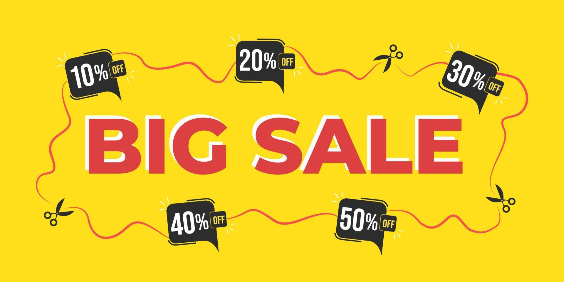 Design of yellow banner with discount tags and special offers for big sale. Balloons with 10, 20, 30, 40 and 50 off. vector