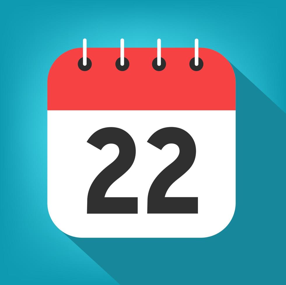 Calendar day 22. Number twenty-two on a white paper with red header on blue background vector. vector