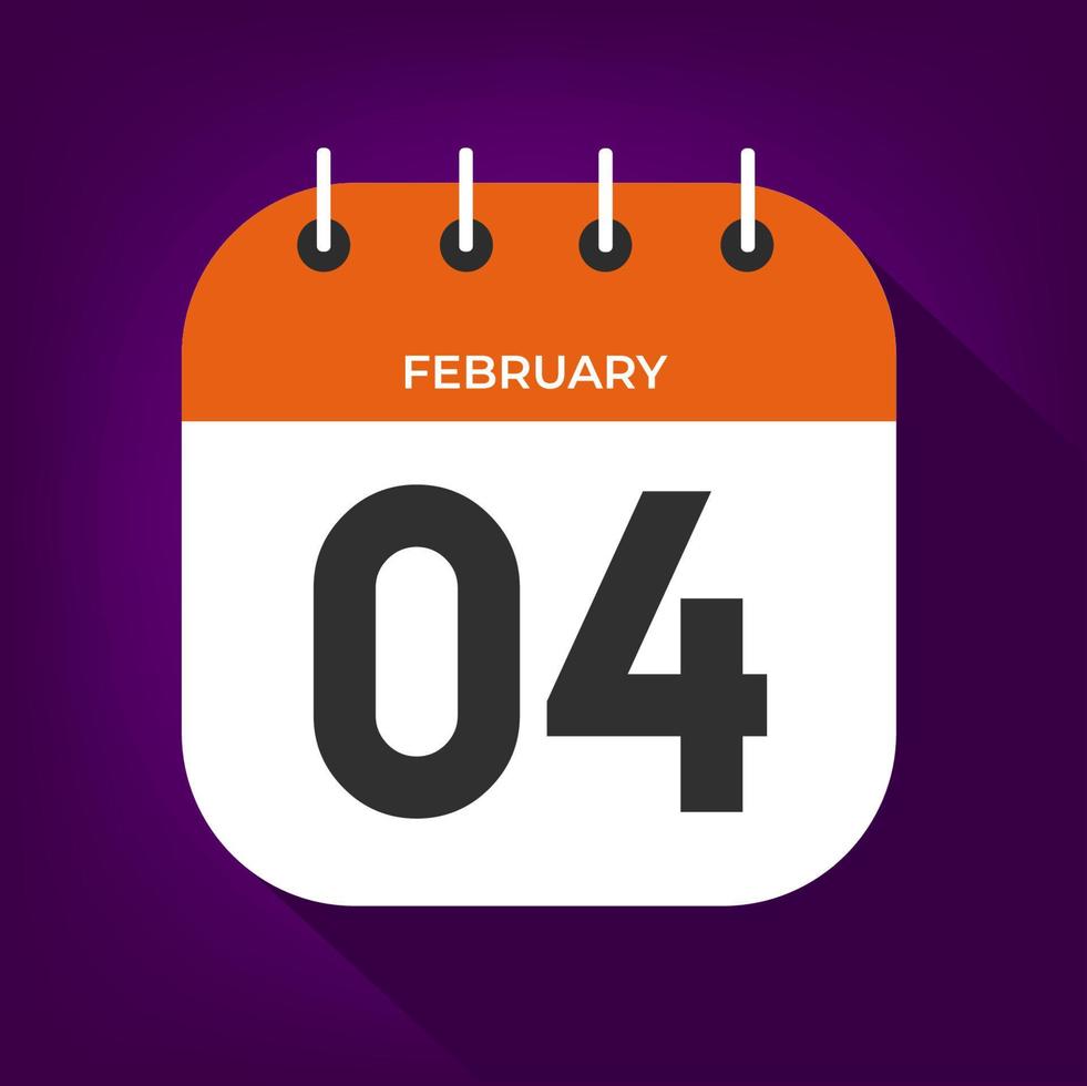 día 4 de febrero. número cuatro en un papel blanco con borde de color naranja en el vector de fondo púrpura.
