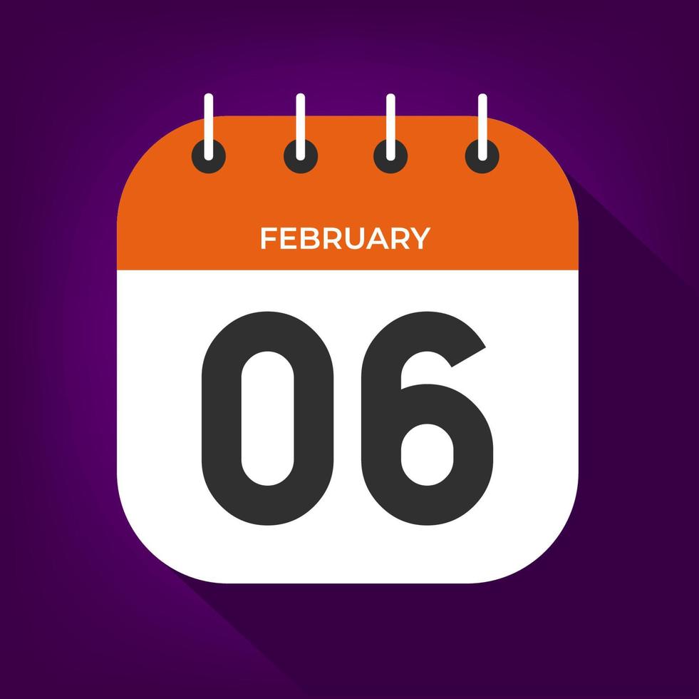 February day 6. Number six on a white paper with orange color border on purple background vector. vector
