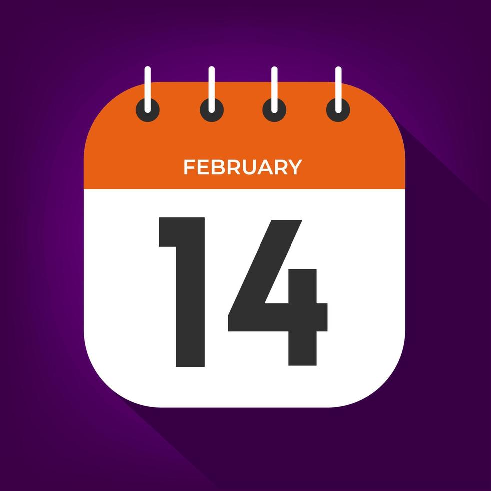 February day 14. Number fourteen on a white paper with orange color border on purple background vector. vector