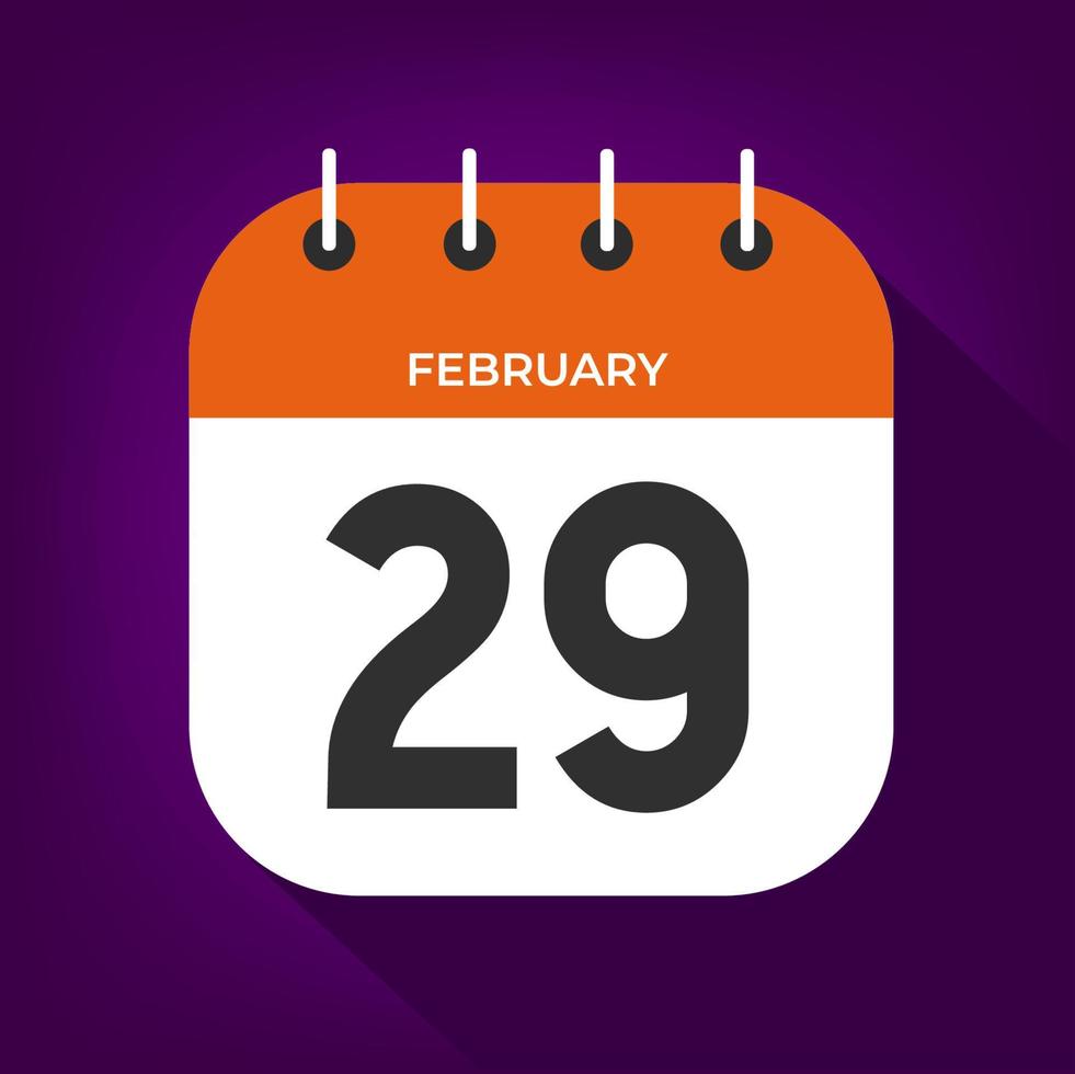día 29 de febrero. número veintinueve en un libro blanco con borde de color naranja en el vector de fondo púrpura.