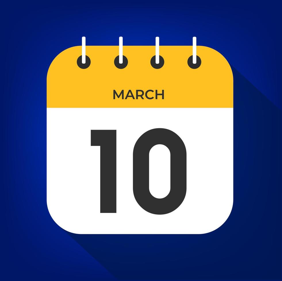 March day 10. Number ten on a white paper with yellow color border on a blue background vector. vector