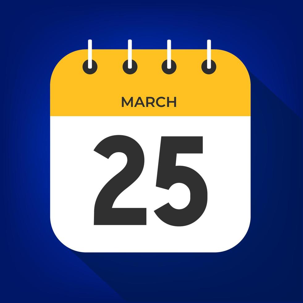 March day 25. Number twenty-five on a white paper with yellow color border on a blue background vector. vector