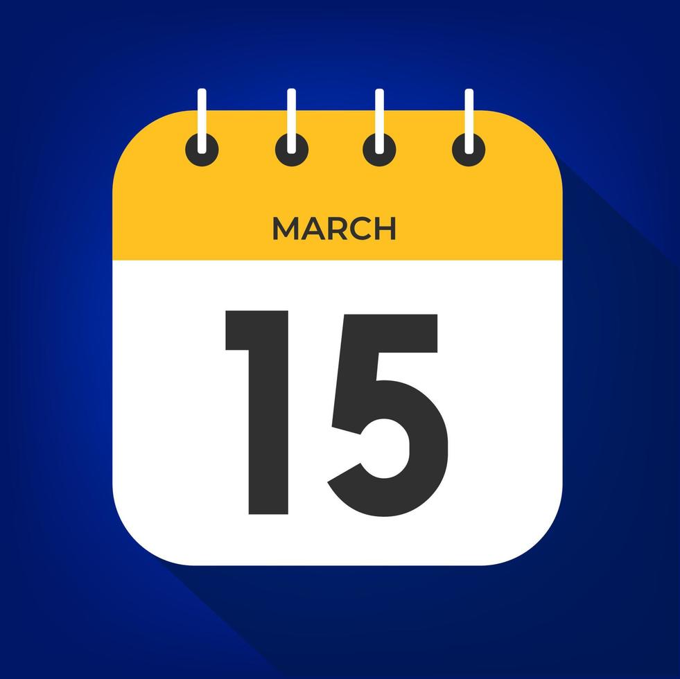 March day 15. Number fifteen on a white paper with yellow color border on a blue background vector. vector