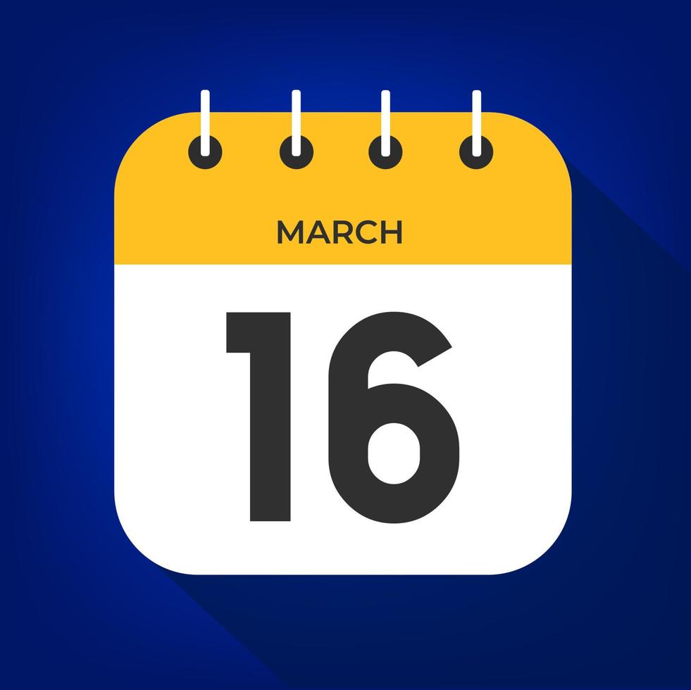 March day 16. Number sixteen on a white paper with yellow color border on a blue background vector. vector