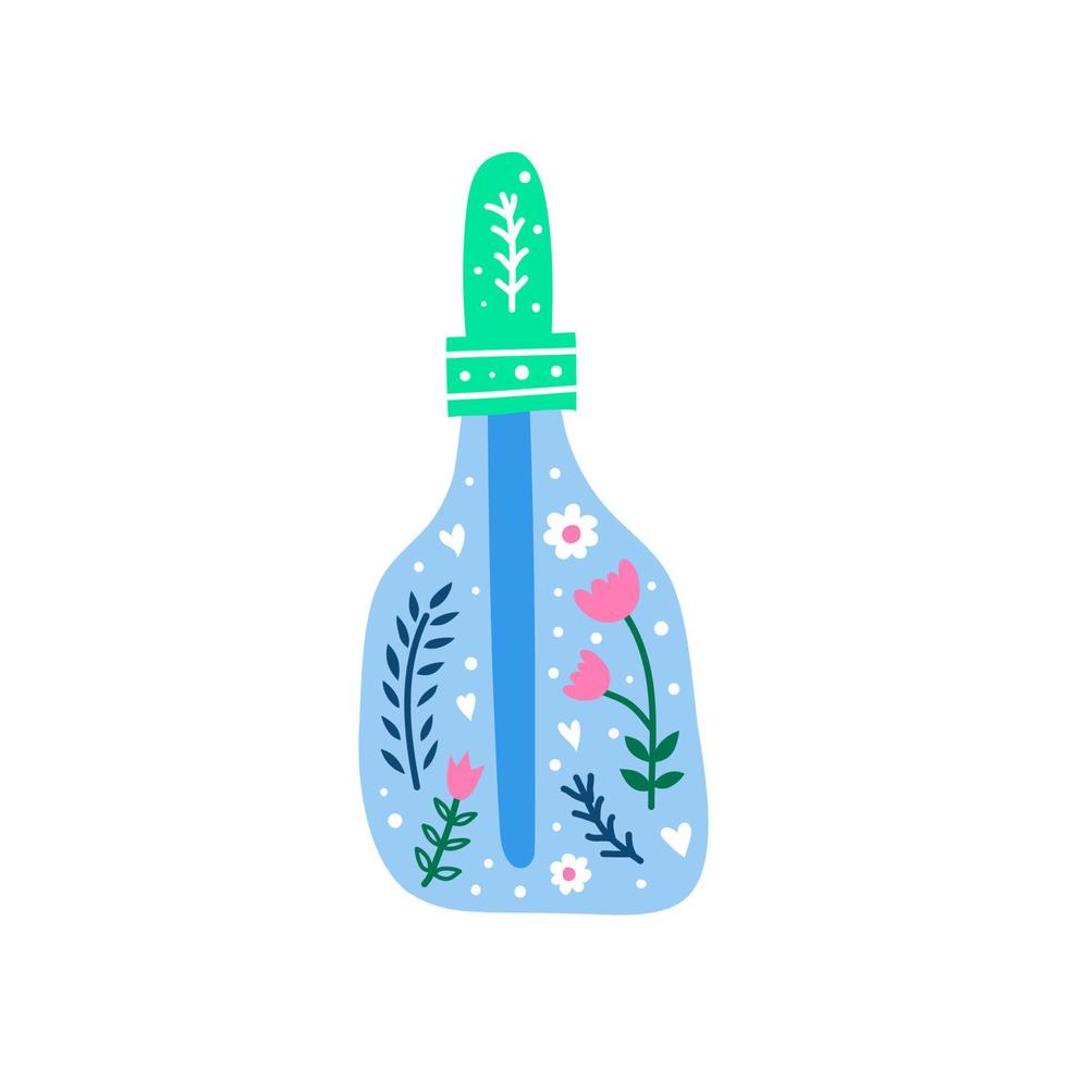 Scandinavian medical bottle with floral ornament. vector