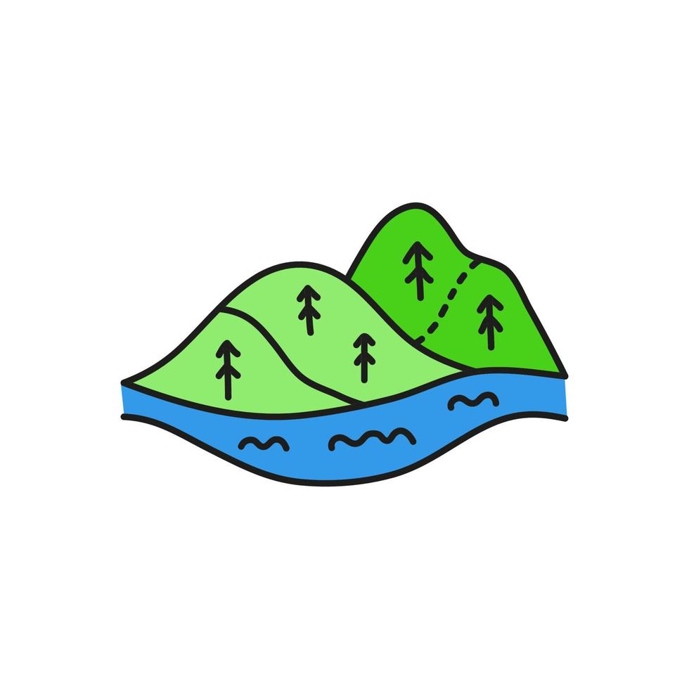 Doodle green hills with fit trees and blue river. vector